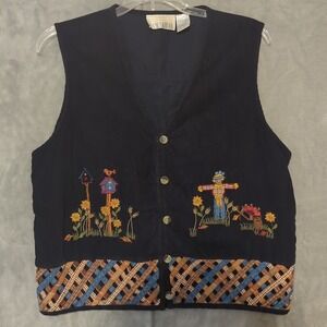 Casey & Max Scarecrow Embroidered Corduroy Vest Womens Size Large Navy Blue Fall